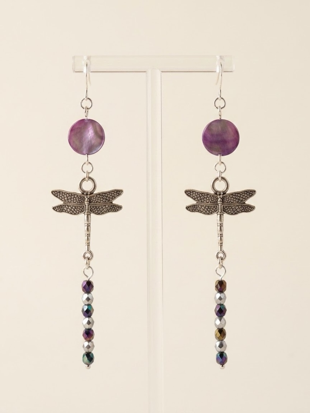 Hand Crafted Earrings Dragonfly Mother of Pearl Dangle Purple Statement MOP